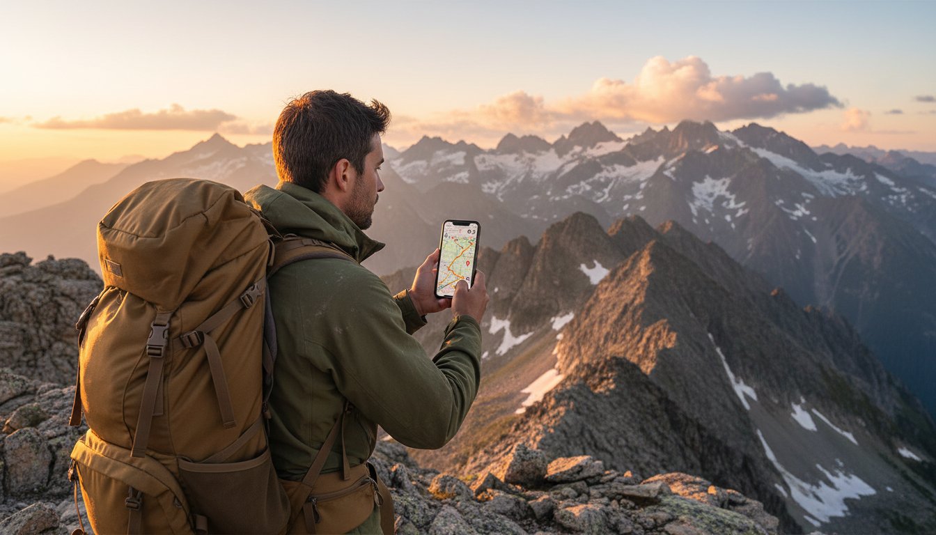 Lone hiker on an exposed alpine ridge with dramatic snowcapped peaks