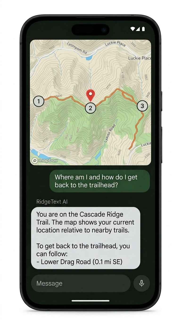 Google Pixel phone showing RidgeText SMS conversation with topographic trail map